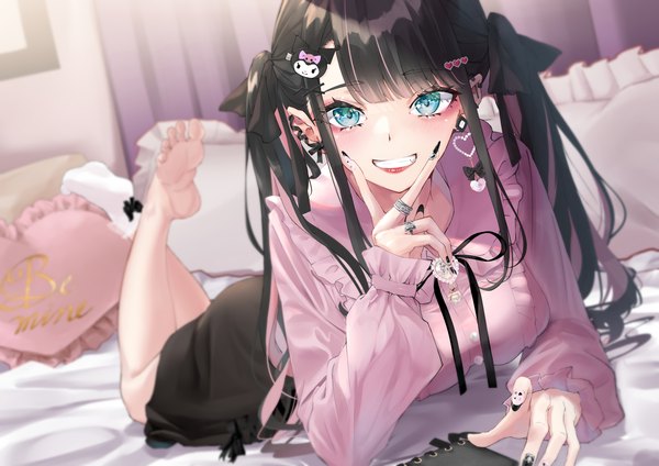 Anime picture 4093x2894 with original mirea single long hair looking at viewer blush fringe highres black hair smile twintails payot absurdres full body indoors lying blunt bangs long sleeves nail polish aqua eyes