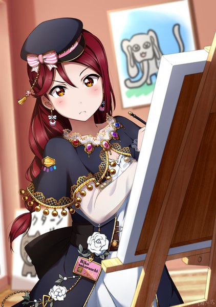 Anime picture 1000x1422 with love live! sunshine!! sunrise (studio) love live! sakurauchi riko shiimai single long hair tall image looking at viewer blush standing brown eyes indoors dated frown drawing girl dress flower (flowers) bow