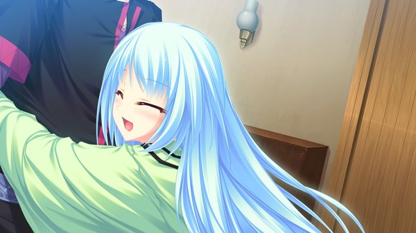 Anime picture 1920x1080 with ryuuyoku no melodia selphie lainlut tenmaso long hair blush highres open mouth wide image blue hair game cg eyes closed girl