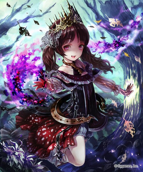 Anime picture 667x800 with original ma yo ko single long hair tall image looking at viewer fringe open mouth brown hair standing twintails bare shoulders pink eyes outstretched arm magic happy standing on one leg girl dress plant (plants)