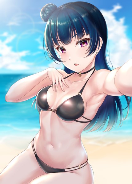 Anime picture 2591x3624 with love live! sunshine!! sunrise (studio) love live! tsushima yoshiko rama (yu-light8) single long hair tall image looking at viewer blush highres breasts light erotic sitting purple eyes blue hair sky cleavage cloud (clouds) outdoors