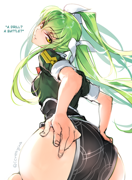 Anime picture 650x885 with code geass sunrise (studio) c.c. creayus single long hair tall image looking at viewer fringe breasts light erotic simple background smile hair between eyes white background twintails signed yellow eyes ass head tilt