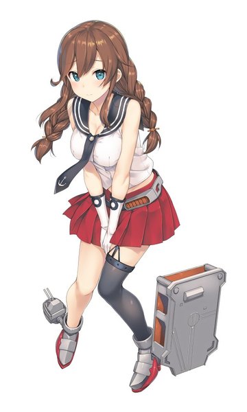Anime picture 600x1000 with kantai collection noshiro light cruiser takayaki single long hair tall image looking at viewer blush fringe breasts brown hair large breasts payot full body bent knee (knees) braid (braids) pleated skirt aqua eyes embarrassed twin braids