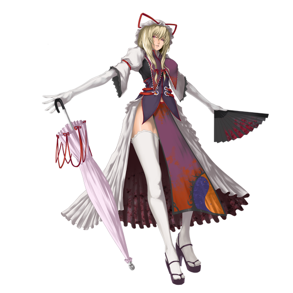 Anime picture 2500x2500 with touhou yakumo yukari muchakushoku (artist) single long hair highres blonde hair red eyes full body from below spread arms transparent background closed umbrella girl thighhighs hat white thighhighs headdress umbrella fan