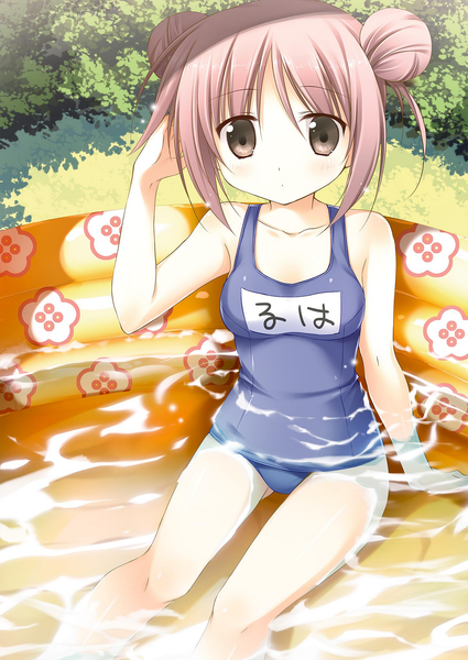 Anime-Bild 1451x2048 mit alice or alice ruha (alice or alice) korie riko single tall image looking at viewer blush short hair breasts light erotic sitting pink hair arm support grey eyes hair bun (hair buns) partially submerged ass visible through thighs hand on head girl swimsuit