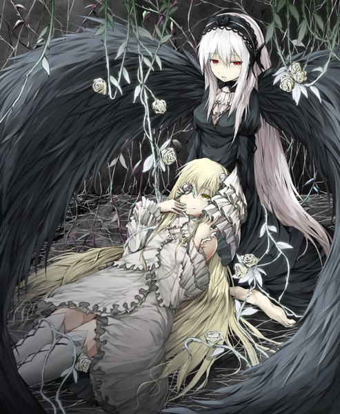 Anime picture 1030x1252 with rozen maiden suigintou kirakishou solru (tyappygain) long hair tall image looking at viewer blush blonde hair smile red eyes white background multiple girls yellow eyes lying long sleeves wide sleeves on back zettai ryouiki puffy sleeves