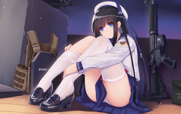 Anime picture 6546x4133 with original allenes single long hair looking at viewer fringe highres blue eyes light erotic black hair sitting absurdres full body bent knee (knees) head tilt pleated skirt night pantyshot night sky pantyshot sitting