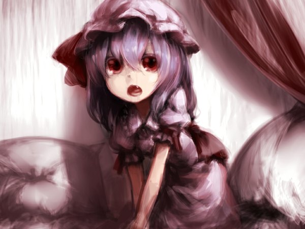 Anime picture 1024x768 with touhou remilia scarlet junwool single long hair fringe open mouth hair between eyes red eyes purple hair teeth puffy sleeves kneeling girl dress bow pillow curtains bonnet
