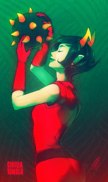 Anime picture 600x1010 with homestuck kanaya maryam gina chacon single tall image short hair black hair simple background smile holding eyes closed profile horn (horns) green hair pointy ears sleeveless green background girl gloves earrings