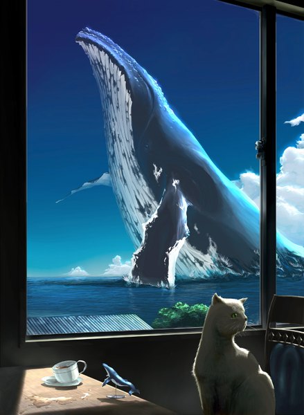 Anime picture 1024x1400 with original nnfsh (pixiv) tall image sky cloud (clouds) scenic animal water window sea cat cup room whale