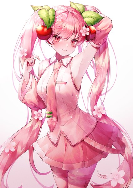 Anime picture 1700x2400 with vocaloid hatsune miku sakura miku hyunnim01 single long hair tall image looking at viewer blush fringe breasts simple background smile standing twintails pink hair head tilt pleated skirt pink eyes arm up