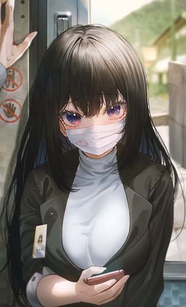 Anime picture 1281x2115 with original zain (jiha3905) long hair tall image looking at viewer blush fringe black hair purple eyes upper body outdoors blurry mole depth of field mole under eye pov lipstick mark girl sweater mobile phone