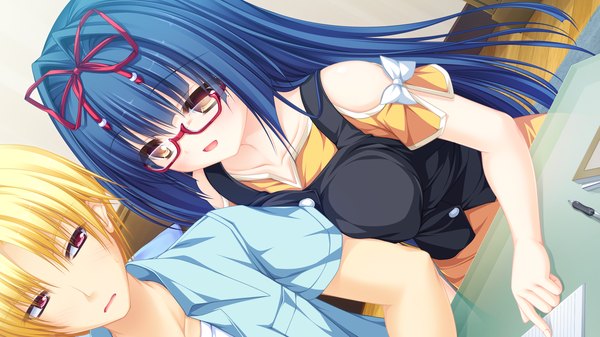 Anime picture 1920x1080 with justy nasty whirlpool (studio) ootsuki karin mikagami mamizu long hair blush highres short hair open mouth blonde hair red eyes wide image yellow eyes blue hair game cg couple girl boy glasses