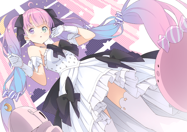 Anime picture 1364x965 with virtual youtuber hololive himemori luna himemori luna (4th costume) luknight (himemori luna) kanzaki hiro single fringe twintails looking away pink hair ahoge blunt bangs very long hair from below dutch angle heterochromia official alternate costume gradient hair girl