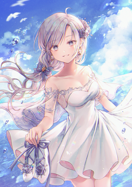 Anime picture 740x1047 with original ozzingo single long hair tall image looking at viewer fringe breasts smile standing purple eyes bare shoulders holding sky silver hair cloud (clouds) ahoge outdoors hair flower wind