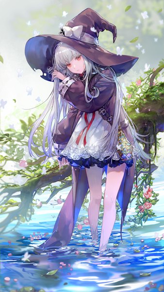Anime-Bild 1688x3000 mit revived witch noir (ibaraki) single long hair tall image looking at viewer fringe standing blunt bangs long sleeves grey hair wet orange eyes partially submerged holding hair girl dress plant (plants) hat petals