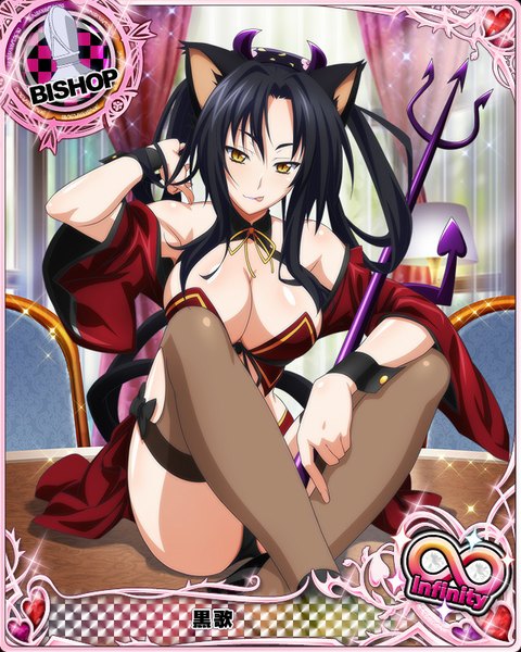 Anime picture 640x800 with highschool dxd kuroka (high school dxd) single long hair tall image looking at viewer breasts light erotic black hair large breasts animal ears yellow eyes tail animal tail cat ears cat girl cat tail card (medium) girl thighhighs