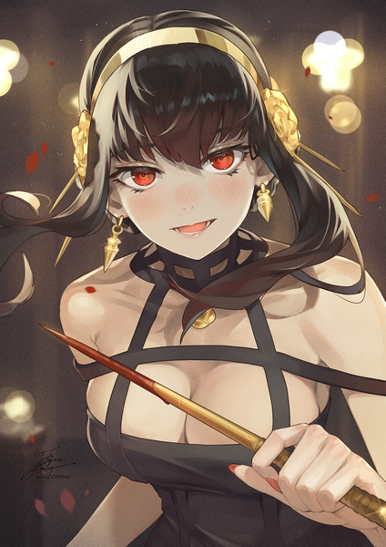 Anime picture 1061x1500 with spy x family yor briar fadingz single long hair tall image looking at viewer blush fringe breasts open mouth light erotic black hair red eyes large breasts bare shoulders holding signed payot cleavage