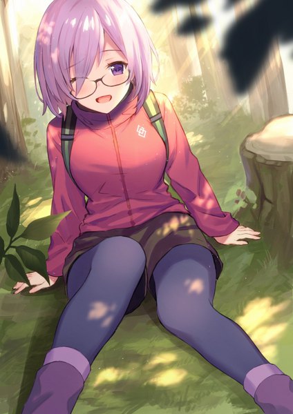 Anime picture 566x800 with fate (series) fate/grand order mash kyrielight haru (hiyori-kohal) single tall image looking at viewer blush fringe short hair open mouth smile sitting purple eyes pink hair outdoors sunlight hair over one eye arm support alternate costume