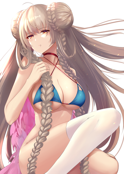 Anime picture 1295x1812 with azur lane formidable (azur lane) formidable (the lady of the beach) (azur lane) yamikyon single long hair tall image fringe breasts light erotic simple background hair between eyes red eyes large breasts white background sitting bare shoulders payot cleavage ahoge