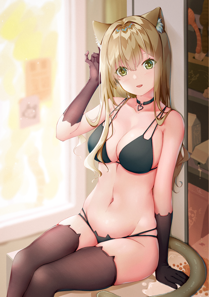 Anime picture 1764x2508 with original mahou shounen single long hair tall image looking at viewer blush fringe highres breasts open mouth light erotic smile hair between eyes brown hair large breasts sitting bare shoulders green eyes animal ears