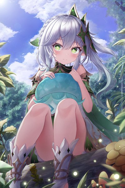 Anime picture 4000x6000 with genshin impact nahida (genshin impact) fungi (genshin impact) ichizon single long hair tall image fringe highres hair between eyes sitting green eyes absurdres sky silver hair cloud (clouds) outdoors side ponytail symbol-shaped pupils + +