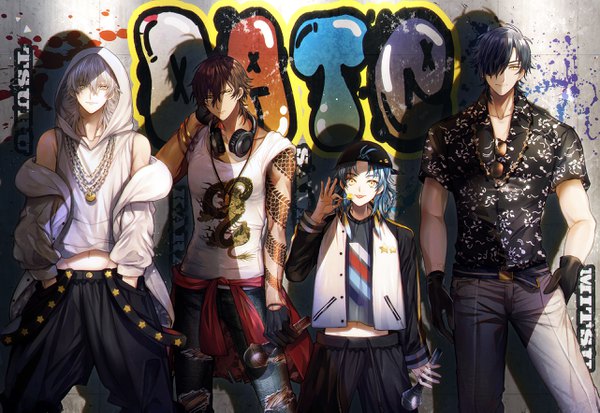 Anime picture 2564x1765 with touken ranbu nitroplus tsurumaru kuninaga ookurikara shokudaikiri mitsutada taikogane sadamune abandon ranka looking at viewer fringe highres short hair black hair hair between eyes brown hair yellow eyes blue hair silver hair light smile hair over one eye off shoulder