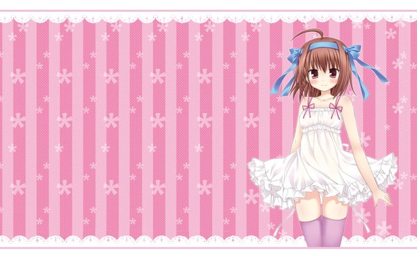 Anime picture 1280x800 with papa no iu koto wo kikinasai! takanashi sora looking at viewer blush short hair brown hair wide image bare shoulders brown eyes ahoge thighhighs dress underwear panties ribbon (ribbons) hair ribbon hairband sundress