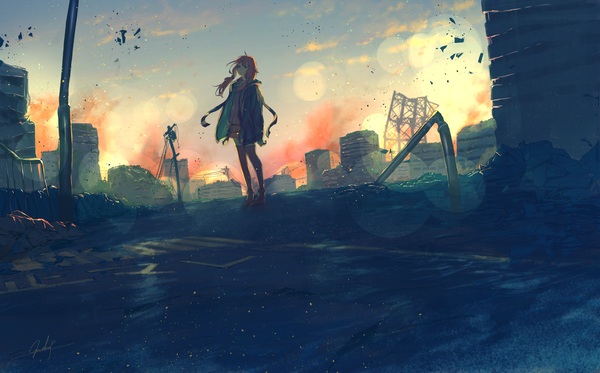 Anime picture 2895x1802 with vocaloid voiceroid yuzuki yukari goroku single long hair highres brown hair wide image standing twintails signed looking away sky cloud (clouds) full body outdoors barefoot wind open jacket