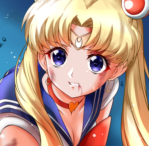 Anime picture 1848x1812 with bishoujo senshi sailor moon toei animation tsukino usagi sailor moon nagishy single long hair highres blue eyes blonde hair twintails looking away cleavage from above clenched teeth sailor collar meme screencap redraw sailor moon redraw challenge girl