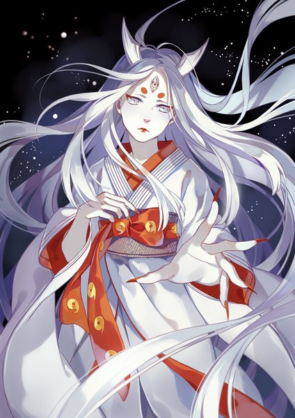 Anime picture 600x848 with naruto studio pierrot naruto (series) ootsutsuki kaguya kebei single long hair tall image looking at viewer standing silver hair nail polish traditional clothes japanese clothes horn (horns) fingernails wide sleeves lipstick floating hair dark background