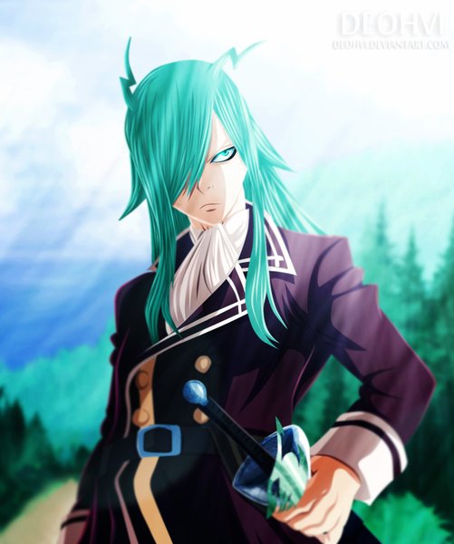Anime picture 1272x1524 with fairy tail freed justine deohvi single long hair tall image fringe green eyes sky cloud (clouds) green hair sunlight hair over one eye coloring boy weapon plant (plants) tree (trees) epee