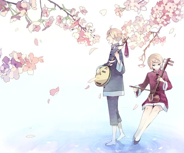 Anime picture 1300x1083 with vocaloid tsumugi uta (vocaloid) kagamine rin kagamine len kyang692 short hair blue eyes blonde hair ahoge eyes closed barefoot cherry blossoms chinese clothes playing instrument singing girl boy petals water musical instrument