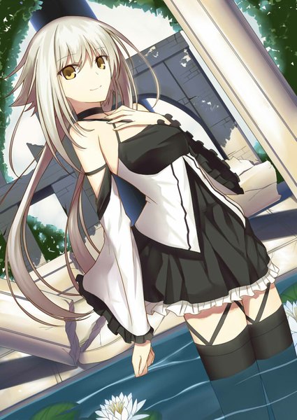 Anime picture 700x988 with original kauto single long hair tall image looking at viewer fringe brown eyes silver hair hand on chest broken girl thighhighs dress flower (flowers) detached sleeves choker water frills pillar