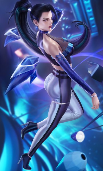 Anime picture 3900x6500 with league of legends k/da (league of legends) kai'sa the baddest kai'sa wickellia single long hair tall image looking at viewer blush highres breasts light erotic black hair large breasts purple eyes signed absurdres full body bent knee (knees)