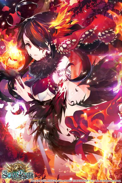 Anime picture 700x1050 with soul rage apple caramel single long hair tall image fringe light erotic black hair red eyes holding signed ahoge hair over one eye fur trim copyright name drill hair :< girl weapon sword
