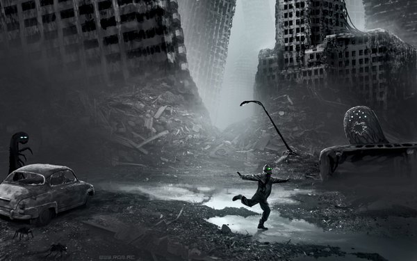 Anime picture 1920x1200 with romantically apocalyptic alexiuss highres wide image spread arms destruction dancing post-apocalyptic abandoned boy gloves building (buildings) ground vehicle monster car puddle gas mask garbage