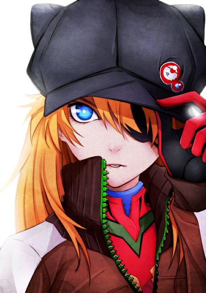 Anime picture 607x860 with neon genesis evangelion gainax soryu asuka langley tatsuya (1223496) single long hair tall image looking at viewer blue eyes simple background white background animal ears parted lips cat ears orange hair open clothes open jacket adjusting hat girl jacket