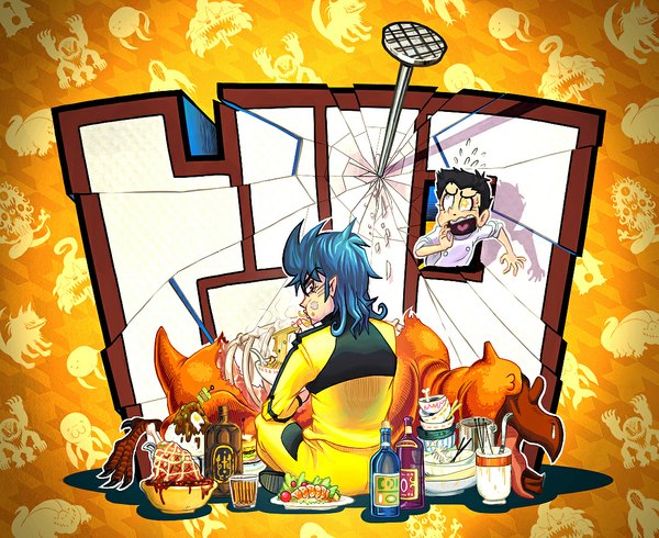 Anime picture 1100x899 with toriko toriko (character) komatsu gashi-gashi long hair short hair open mouth black hair red eyes sitting blue hair looking back pointy ears from behind eating screaming boy food debris noodles