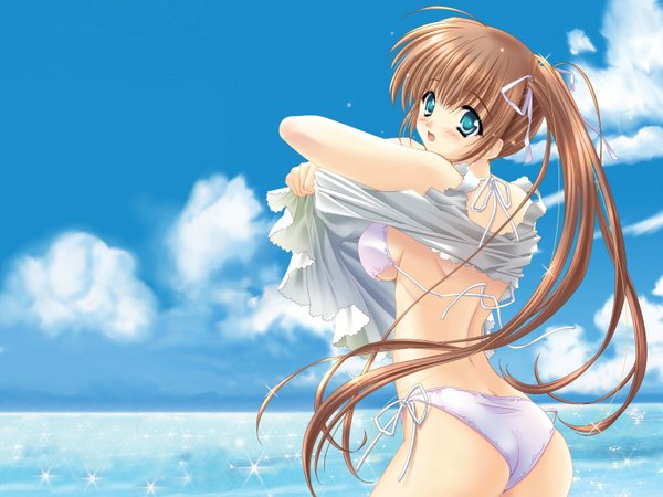 Anime picture 1600x1200 with carnelian single long hair blush fringe open mouth light erotic brown hair sky cloud (clouds) ass looking back aqua eyes wallpaper side ponytail undressing third-party edit extended girl dress