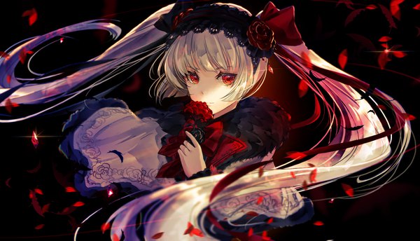 Anime picture 1886x1080 with arcaea sanamisa single long hair looking at viewer fringe highres simple background red eyes wide image twintails holding silver hair upper body blunt bangs fur trim floating hair dark background girl flower (flowers)