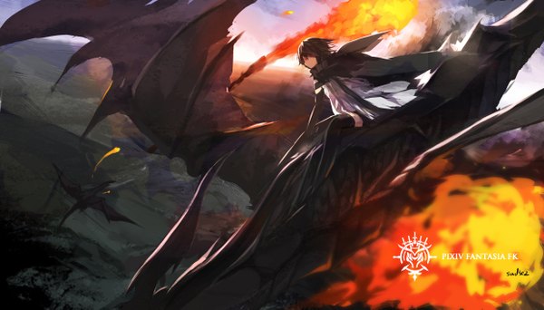 Anime picture 2480x1417 with original pixiv fantasia pixiv fantasia fallen kings paradise (character) swd3e2 highres short hair black hair wide image brown eyes signed logo girl thighhighs dress gloves black thighhighs elbow gloves cape fire