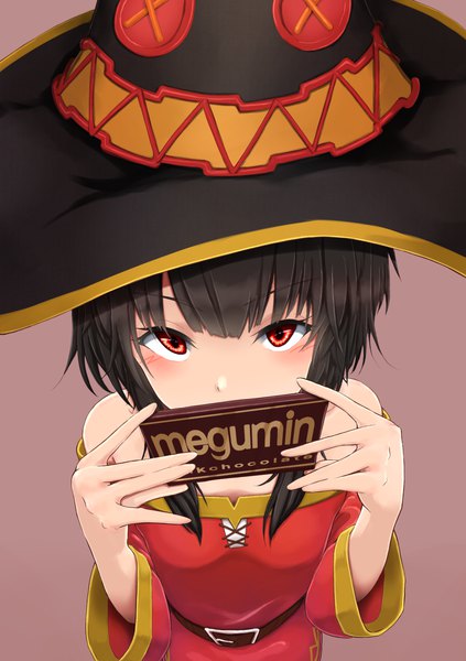 Anime picture 1200x1700 with kono subarashii sekai ni shukufuku wo! studio deen megumin izu (tea value lord) single tall image looking at viewer blush fringe short hair black hair simple background hair between eyes red eyes standing bare shoulders holding payot upper body from above