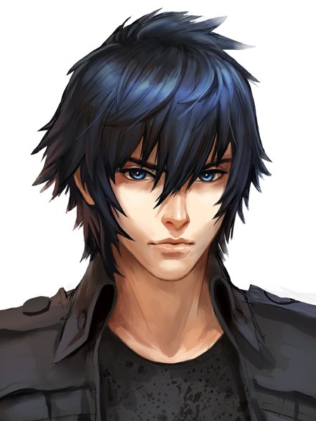Anime picture 750x1000 with final fantasy final fantasy xv square enix noctis lucis caelum wishfulpotato single tall image looking at viewer fringe short hair blue eyes simple background hair between eyes white background blue hair open clothes open jacket portrait spiked hair boy