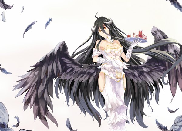 Anime picture 2000x1440 with overlord (maruyama) madhouse albedo (overlord) white crow long hair looking at viewer highres breasts black hair simple background large breasts standing white background bare shoulders holding yellow eyes ahoge horn (horns) demon girl black wings