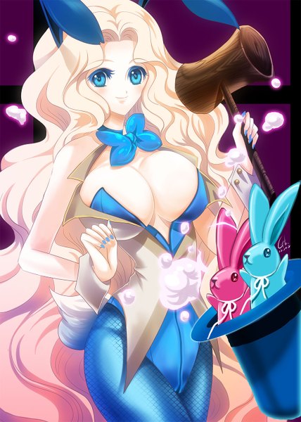 Anime picture 1000x1400 with gu (pixiv id4086399) single tall image looking at viewer blush breasts blue eyes light erotic blonde hair large breasts very long hair light smile bunny girl girl bunny top hat mallet
