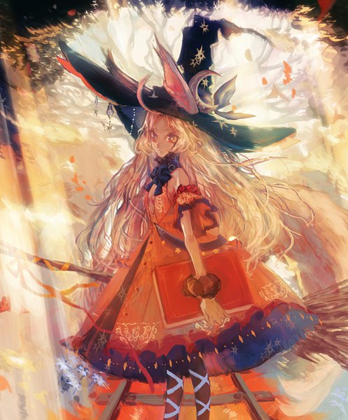 Anime picture 750x905 with original yaku (ziroken) single long hair tall image blonde hair red eyes standing animal ears looking away ahoge witch girl dress hat book (books) witch hat red dress broom