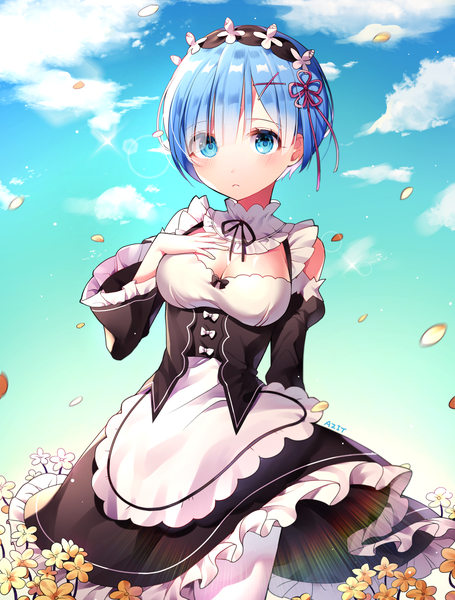 Anime picture 2283x3008 with re:zero kara hajimeru isekai seikatsu white fox rem (re:zero) azit (down) single tall image looking at viewer blush fringe highres short hair breasts blue eyes signed blue hair sky cleavage cloud (clouds) hair over one eye sparkle