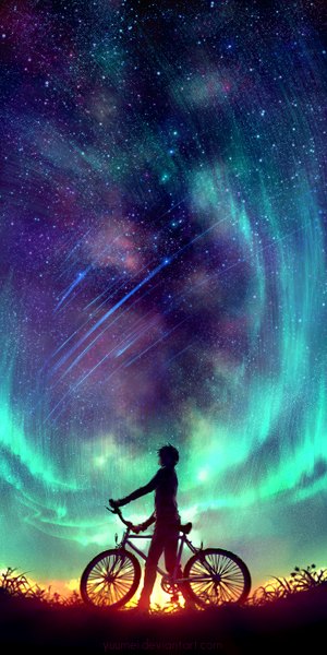 Anime picture 750x1500 with original yuumei single tall image short hair standing holding sky outdoors evening sunset horizon shooting star aurora borealis boy plant (plants) star (stars) pants ground vehicle bicycle
