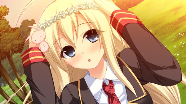 Anime picture 1280x720 with koi suru kimochi no hanakotoba kazamatsuri kana single long hair blush open mouth blue eyes blonde hair wide image game cg girl uniform hair ornament school uniform wreath